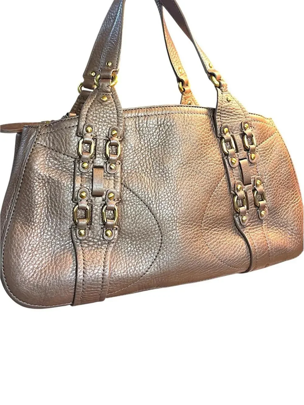 Cole Haan Metallic Bronze Leather Handbag with Gold Tone Hardware